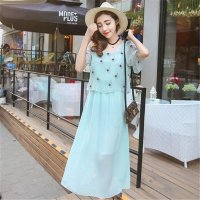 2016韩版短袖系带甜美淑女斗篷假两件清新花朵雪纺连衣裙