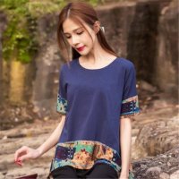 2016复古文艺印花拼接宽松圆领纯棉短袖T恤