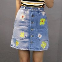 2016夏季新款排扣绣花修身牛仔半身裙