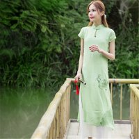 2016清雅复古中式长裙仙女范禅茶古风修身连衣裙旗袍