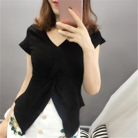 2016现货V领不规则衣襟针织上衣
