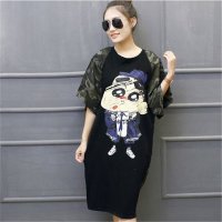 2016胖MM中长款宽松蜡笔小新做旧印花迷彩短袖套头T恤