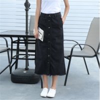 2016新款黑色排扣中长款牛仔半身裙