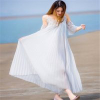 2016春夏走秀款度假风琴露肩压褶长连衣裙