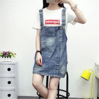 2016夏季新款学院风宽松少女大口袋牛仔背带吊带裙