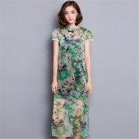 2016新款中国风女装中长款改良旗袍短袖印花盘扣雪纺连衣裙