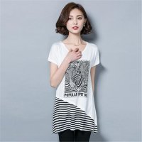 2016夏季新款宽松大码女装拼接印花中长款显瘦打底衫