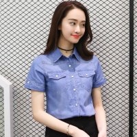 2016夏韩版短袖修身显瘦牛仔衬衫T恤上衣女牛仔衫
