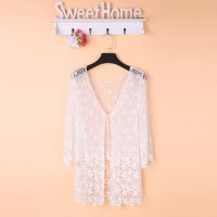 2016夏装甜美修身中长款钩花镂空蕾丝衫开衫小外套披肩女