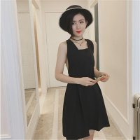 2016新款夏日度假名媛黑色背带抹胸露背无袖连衣裙