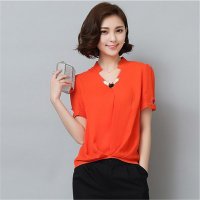 2016短袖雪纺衫女新款韩版宽松V领女士衬衫