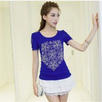 2016夏季新款烫钻高弹网纱拼蕾丝花边短袖女装大码