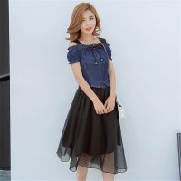 2016欧韩新款牛仔一字领灯笼袖拼接天丝印花连衣裙