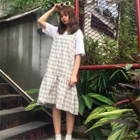2016夏季新款中长款学生格子吊带裙背带裙连衣裙