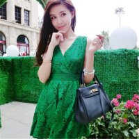 2016新款女性感大露背绑带蝴蝶结V领收腰蕾丝连衣裙