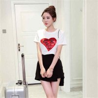 2016韩版女装亮片刺绣心型T恤 半身裙裤套装