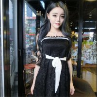 2016夏季女新款性感名媛蕾丝撞色蝴蝶结吊带蓬蓬连衣裙
