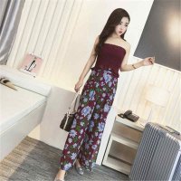 2016新款女性感木耳边裹胸 高腰开叉花朵雪纺阔腿裤套装