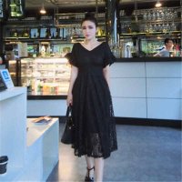 2016韩版女装 百褶小飞袖前后深V收腰大摆蕾丝长裙连衣裙