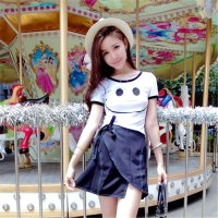 2016韩版女装圆领笑脸T恤 蝴蝶结绑带半身裙套装