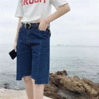 2016韩系极简休闲小高腰修身不规则裤脚牛仔五分裤