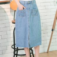 2016新款韩版高腰须边前开叉包臀牛仔A字半身裙中长款