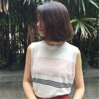 2016圆领粗细条纹网面镂空针织无袖背心