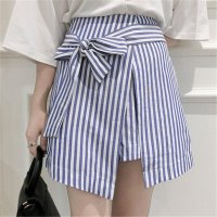 2016夏装新款不规则系带阔腿条纹裤裙