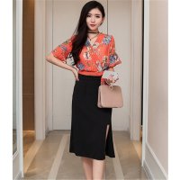 2016新款韩版蝴蝶结拼接撞色印花上衣 高开叉半身裙套装