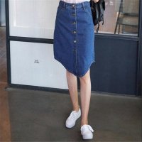 2016春款单排扣高腰原宿风A字裙百搭牛仔半身裙