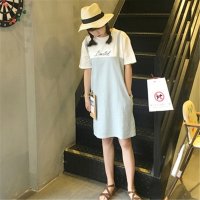 2016简约宽松拼色字母印花假两件连衣裙