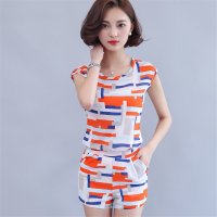 2016夏季新款棉苏麻圆领上衣条纹短袖显瘦女装两件套短裤