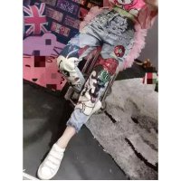 2016夏装新款时尚修身铆钉卡通亮片牛仔裤休闲裤女