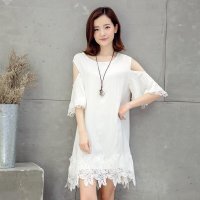 2016新款棉麻拼接绣花花编露肩大码连衣裙女