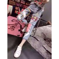 2016欧洲站时尚修身显瘦亮片卡通彩虹破洞牛仔裤女