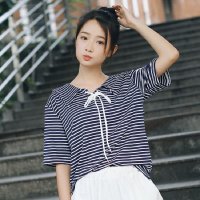 2016翻领绑带细条纹系带学生上衣T恤女装夏季短袖