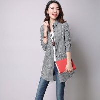 2016新款大码女装文艺格子棉麻衬衫女长袖中长款上衣宽松