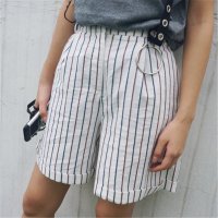 2016夏季女装新款条纹麻料中裤休闲裤