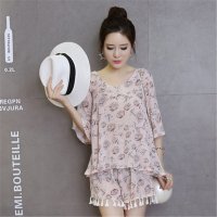 2016夏季花色喇叭袖甜美雪纺套装上衣 短裤两件套