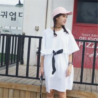 2016港风韩国简约宽松显瘦系带黑白撞色中长款T恤