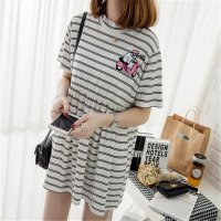 2016韩版学院风卡通公仔摩托刺绣宽松条纹娃娃裙连衣裙