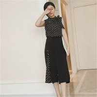 2016夏装女新款韩版系蝴蝶结拼接条纹上衣风琴褶拼接阔腿裤套装