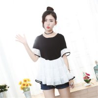 2016圆领拼接两色灯笼袖荷叶边下摆公主娃娃连衣裙