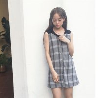 2016夏装背带裙复古格子百搭无袖中长款连衣裙