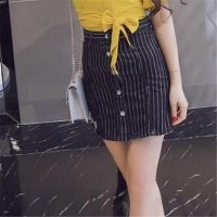 2016夏新女装韩版竖条单排扣牛仔半身裙 A字短裙