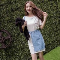 2016夏装韩版百搭T恤 特殊裁剪牛仔单排扣短裙