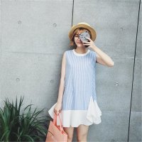 2016新款女装竖条纹拼接不规则鱼尾裙摆连衣裙