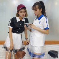 2016日系学院风奶瓶刺绣黑白双色两件套短袖衬衫 带纱短裤