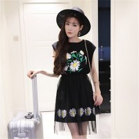 2016韩国甜美花朵中长款无袖背心连衣裙网纱两件套裙