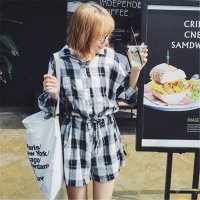 2016翻领宽松七分袖棉质黑白格子收腰连体短裤